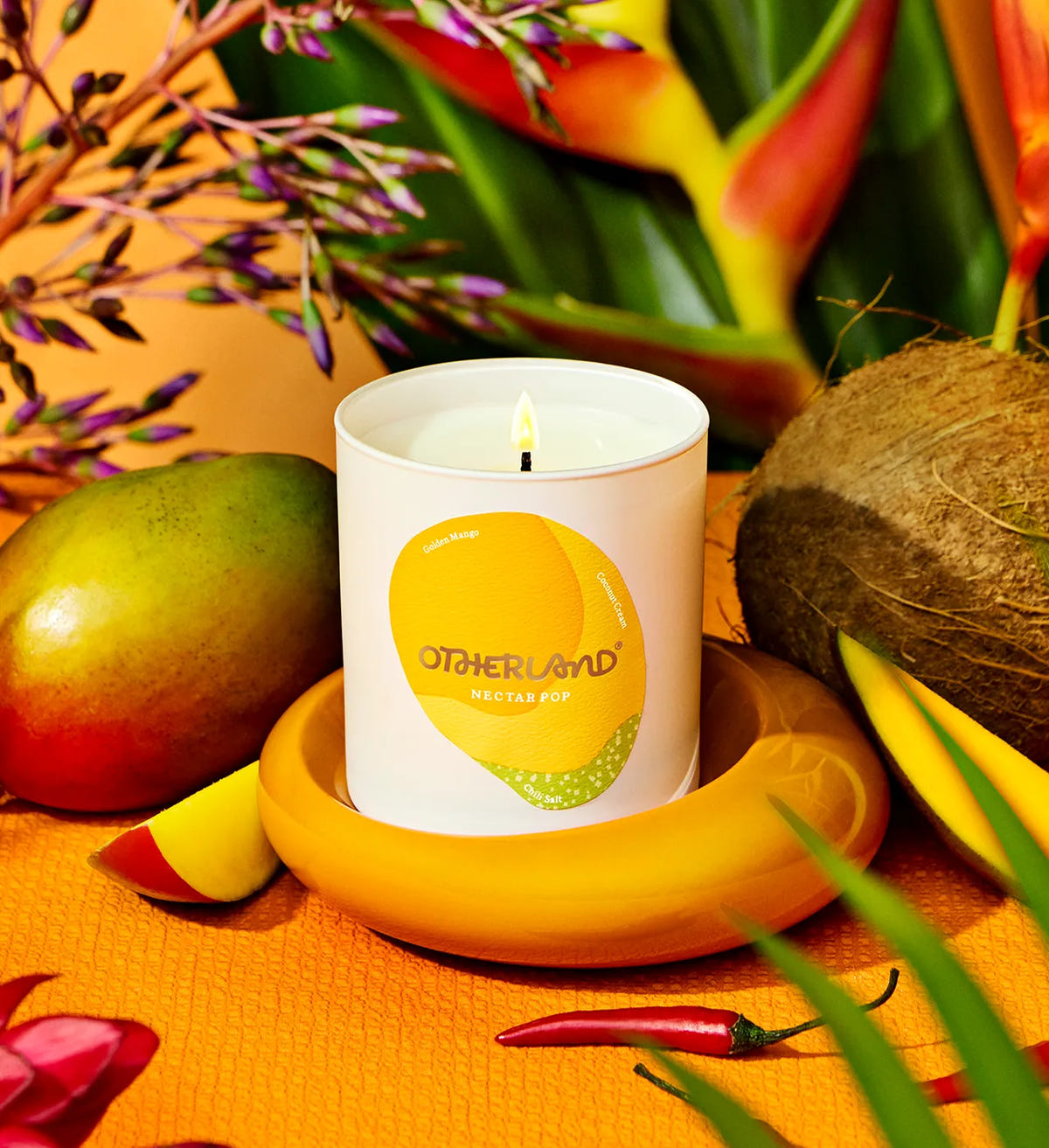 Candle with 'Otherland' branding surrounded by tropical fruits and plants on a warm-toned background