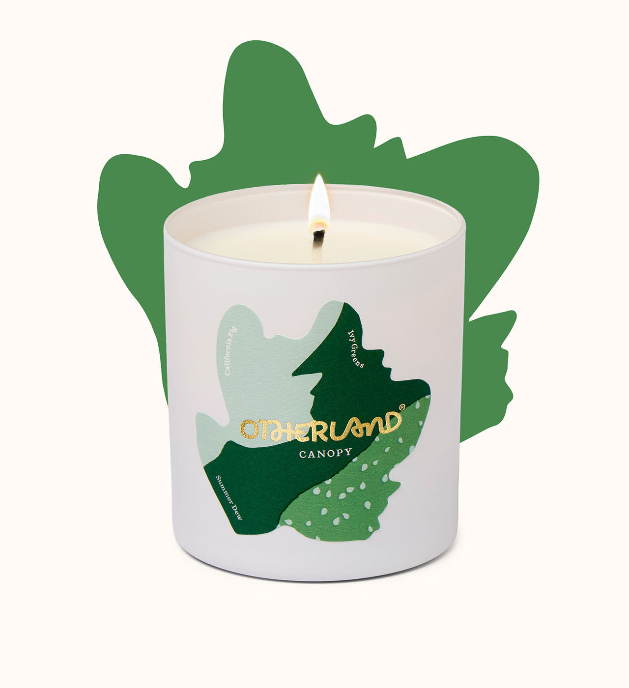 Candle in a container with 'Otherland' branding and leaf design on a white background