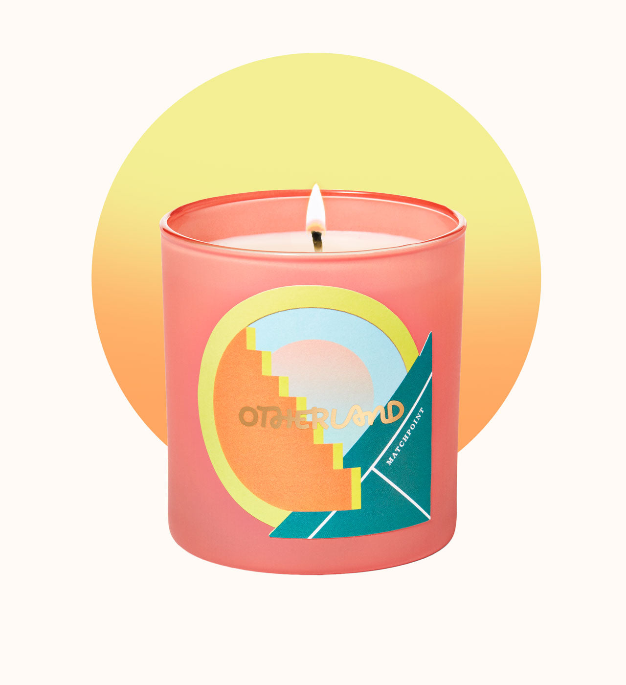 Candle in a pink container with colorful design and 'Otherland' branding on a white background.