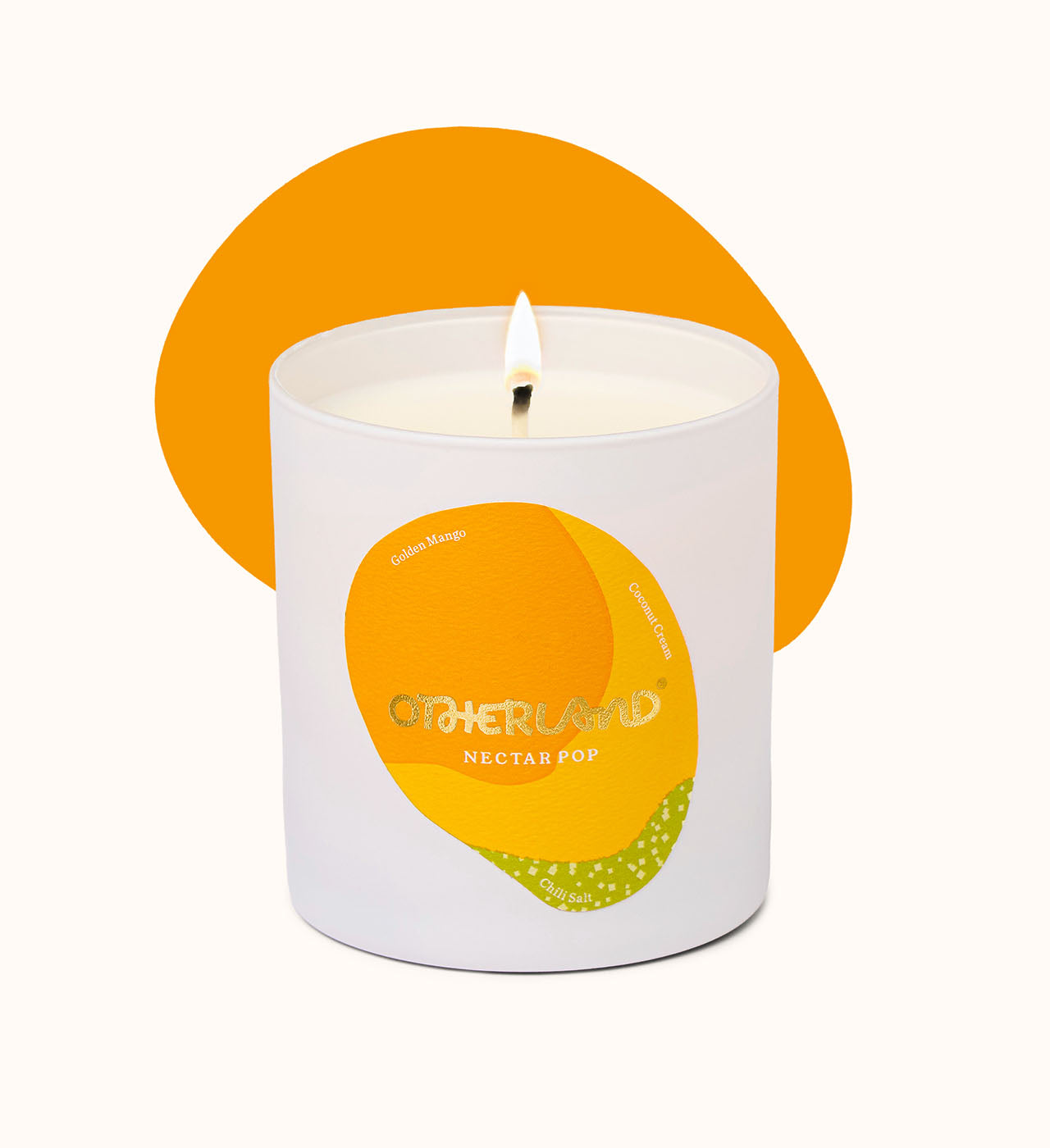 Candle in a white container with a yellow label on a white background