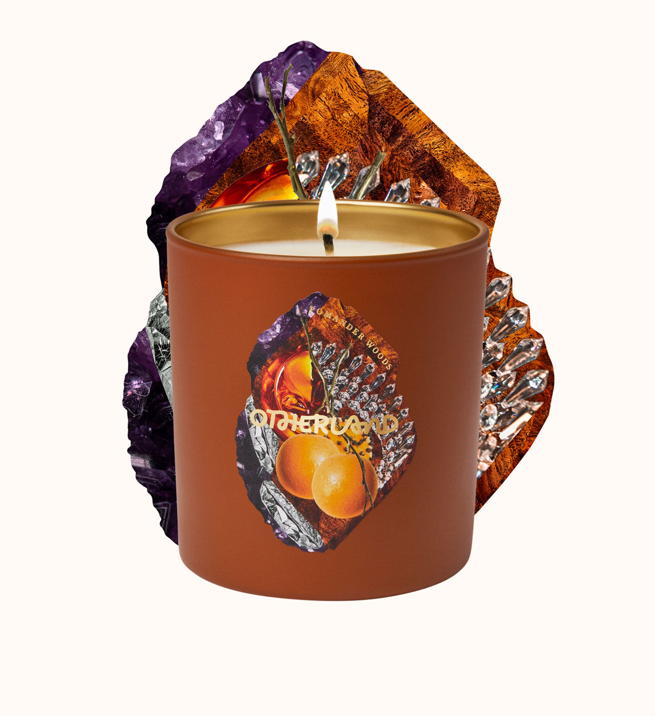 Candle in a decorative container with gemstone design on a white background