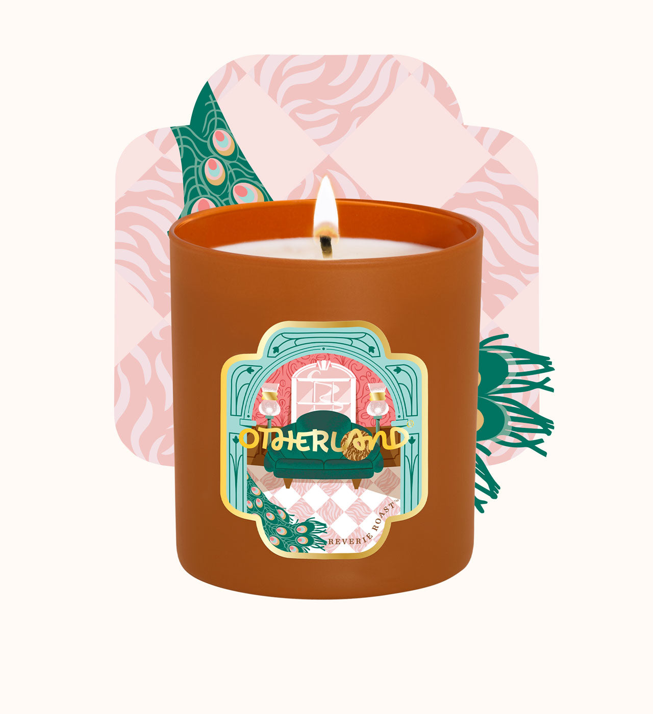 Candle in a decorative container with a colorful label on a white background