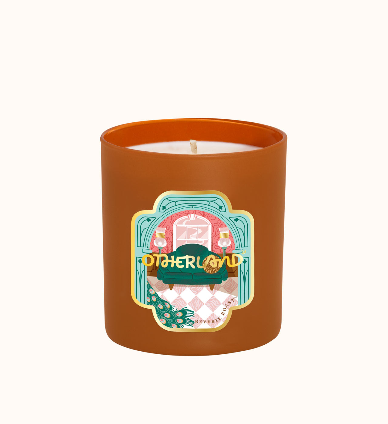Candle in a brown container with a colorful label on a white background