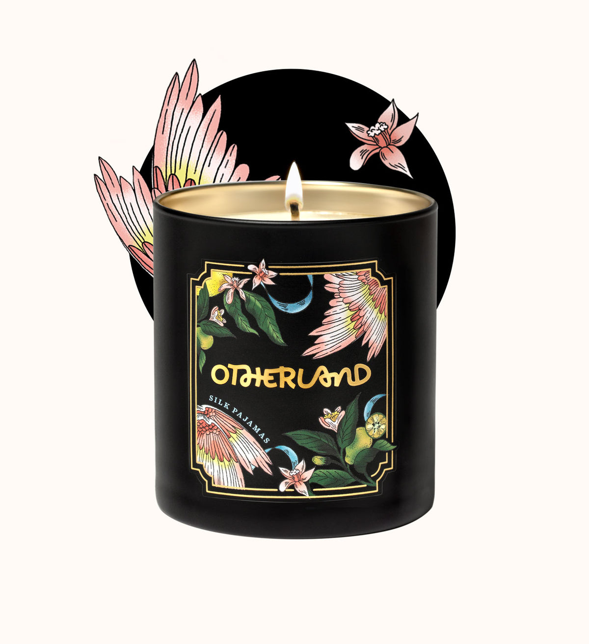 Black candle with floral design and 'Otherland' branding on a white background