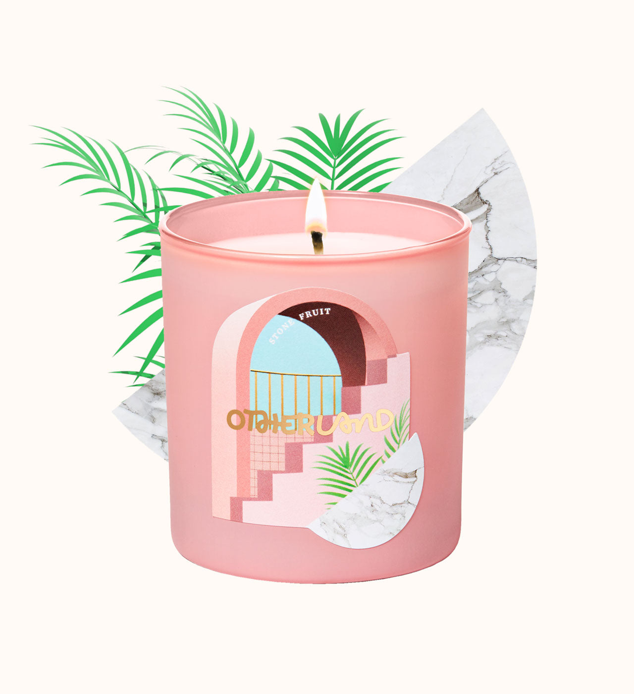Pink candle with decorative design and 'Otherland' text on a white background
