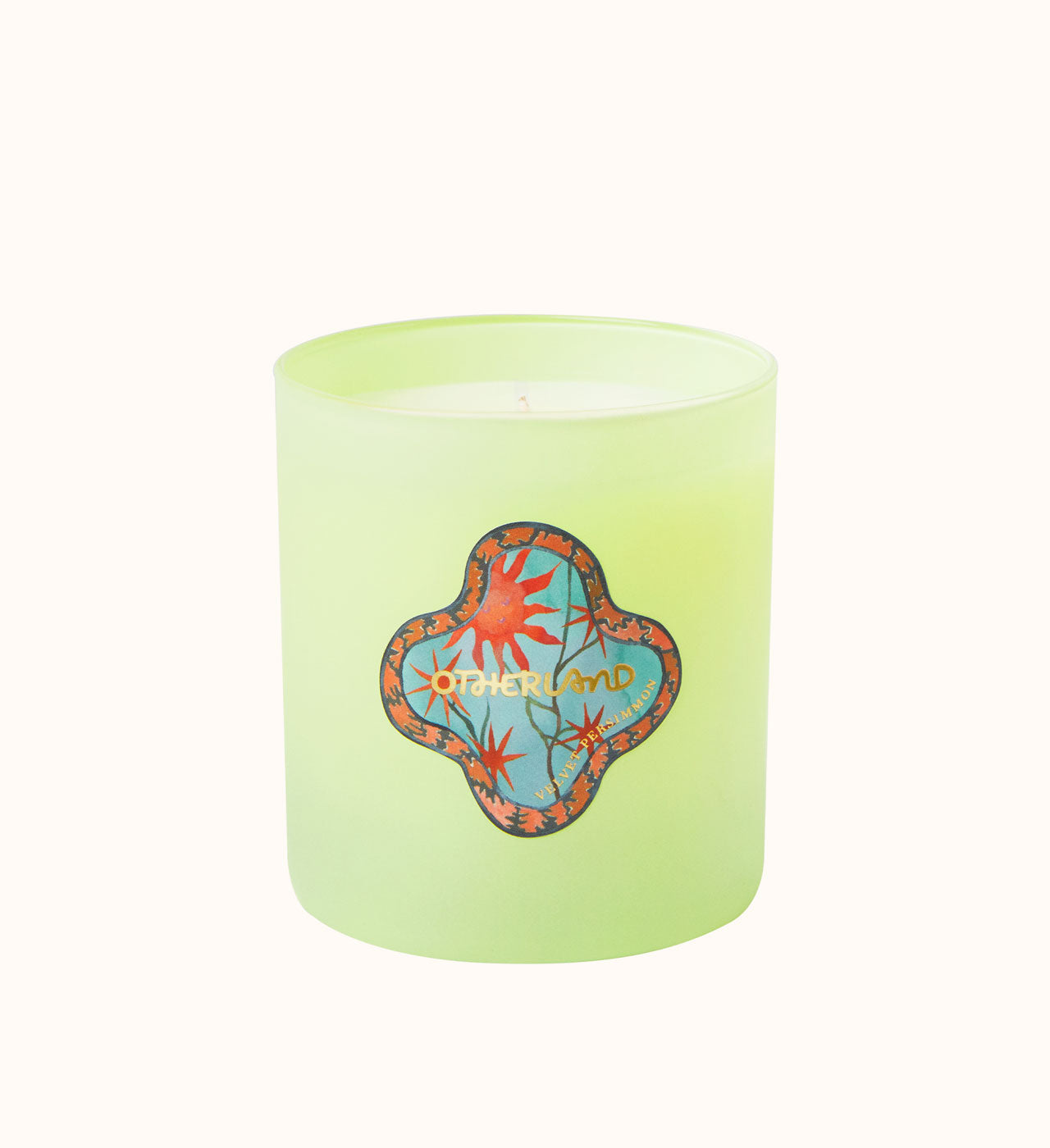Green candle with a colorful logo on a white background