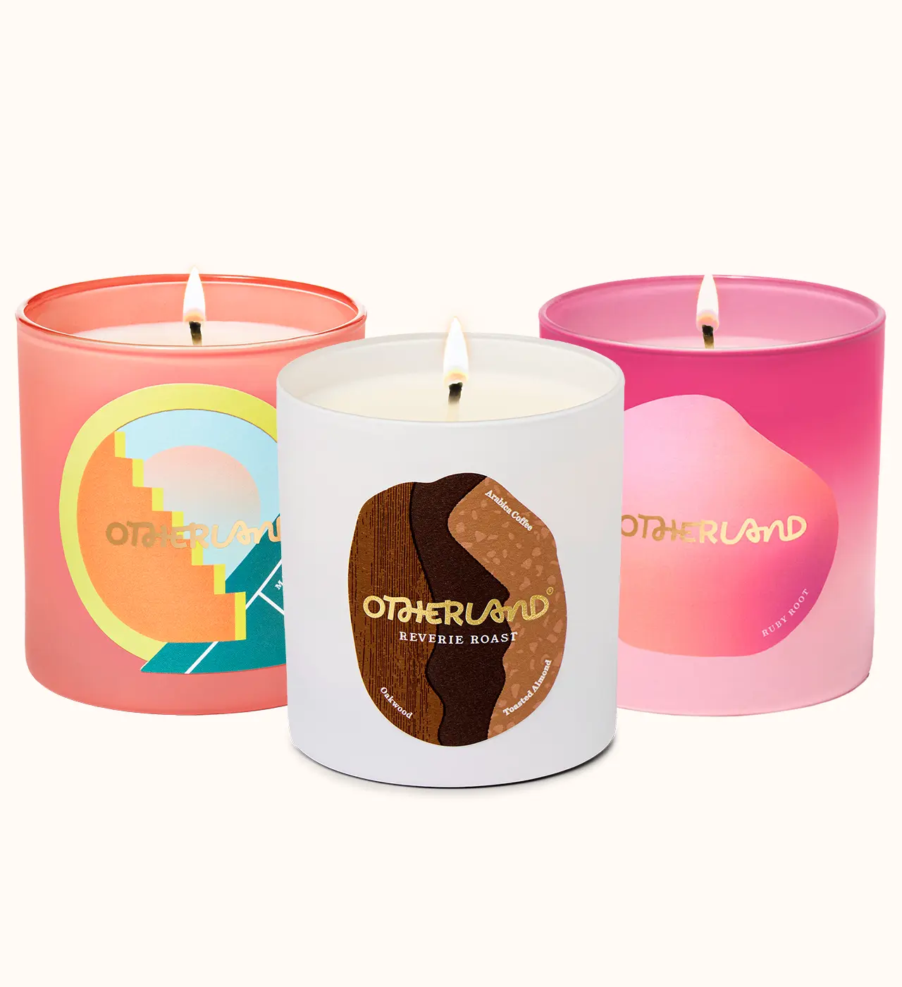 Three scented candles with 'Otherland' branding on a white background