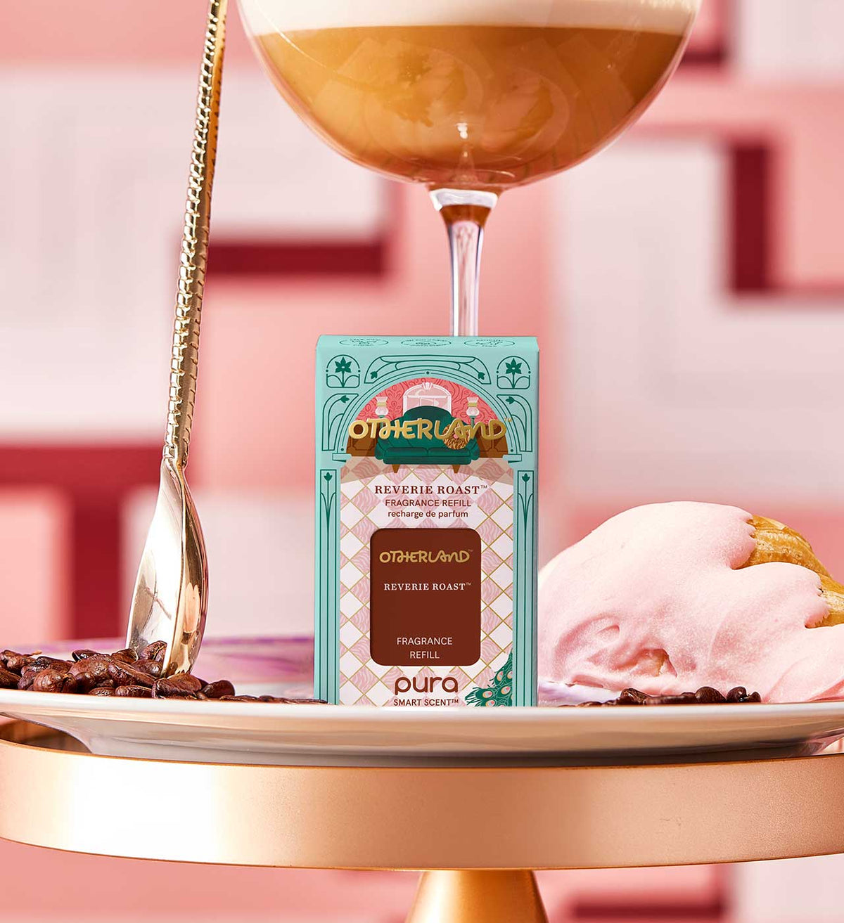 Pura smart fragrance refill packaging with a glass of coffee and ice cream on a pink background